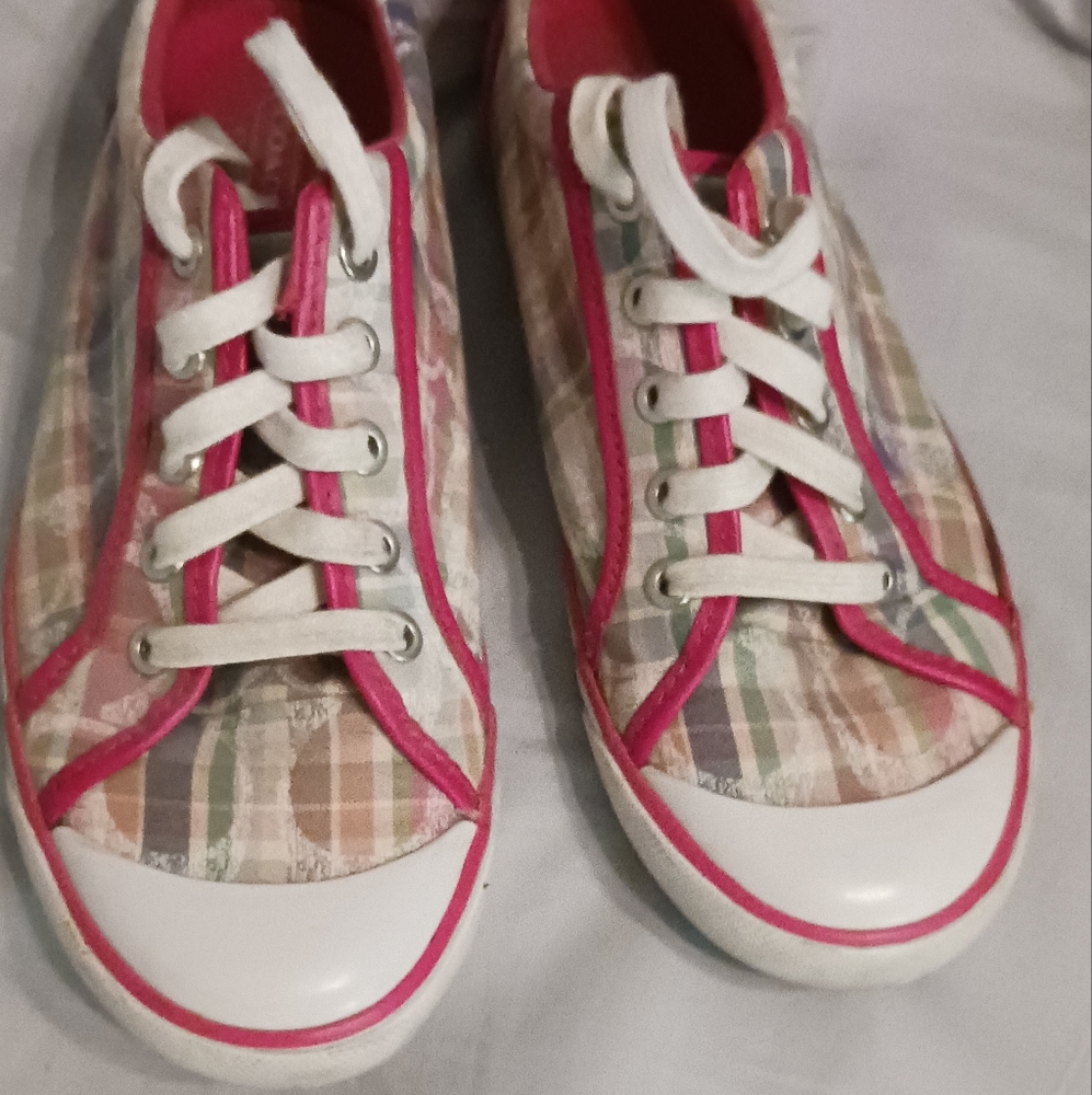 Coach Multicolor Plaid Sneakers with Pink Accents